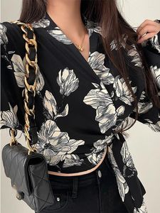 Damenblusen Sweet Spice Girls Fashion Tie Up Hohe Taille Schlank Kurz Langarm Bedruckt Freizeithemd Top Bluse Korean Tops V8BT