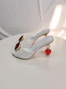 Damer äkta läder 2023 Kvinnor Sandaler Rhinestone High Heels Summer Flip-Flops Slipper Slip-On Wedding Dress Gladiator Shoes Bead Diamond Rallots Storlek 35-43 5