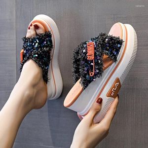 Slippers Wedge Sequined Cloth Women Summer Korean Casual Beach Shoes Non-slip Platform Outdoor Increase Pin Cross Sandals