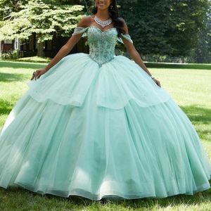 Açık yeşil siny balo elbisesi quinceanera elbise 2024 boncuklu kristal dantel tatlı 16 elbise doğum günü partisi elbise vestidos de 15 anos