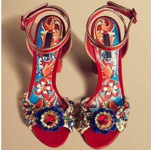 Свадебные модельные туфли с красным принтом и цветком, женские сандалии-лодочки, модные летние женские туфли-гладиаторы с открытым носком, большие размеры 35-42