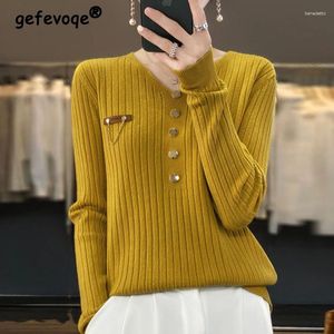Women's Sweaters Women Korean Style Button Chain Chic Elegant Ribbed Basic Knitted Sweater Female Casual V Neck Long Sleeve Pullover Tops