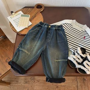 Barn jeans vinter pojkar flickor etikett utsmyckade jeans baby tjocka byxor