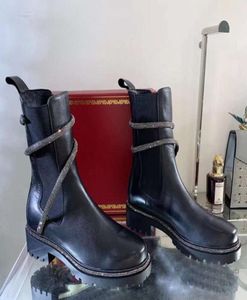 Rhinestone Snake Strass Wraparound Chunky Half Boots Black Leather Womens Low Heel Martin Boots Heavy Duty Luxury Designer Brands 1901117