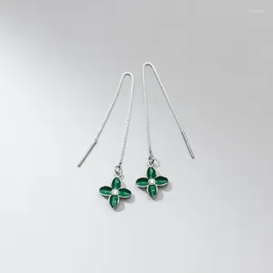 Dingle örhängen verklig. 925 Sterling Silver Piercing Green Emamel Flower Threader Ear Long Pull Through C-G8903