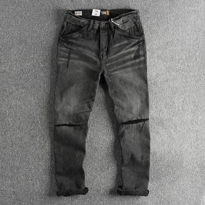 Herren-Jeans, grobe, schwere Vintage-Waschung, schwarze Crease Craft, kleine Hose mit geradem Bein