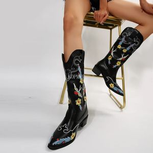 Dress Shoes 35 43 Fashion Women Mid Calf Western Boots Cowboy Pointed Toe Knee High Pull on Ladies Leather Embroidery Botas Mujer 231121