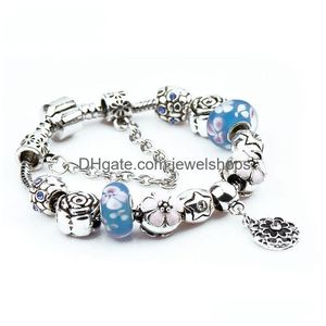 Charm Bracelets Blue Pink Flower Pan Dora Design Bracelets Beads Charms Jewelry For Women Girls Antique Vintage Sier Crystal Glass Fas Dhonb