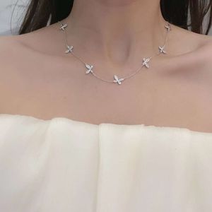 S Sier Plated Mini Full Diamond Butterfly Necklace Choker Collar Chain Ladies Temperament Light Small and Popular