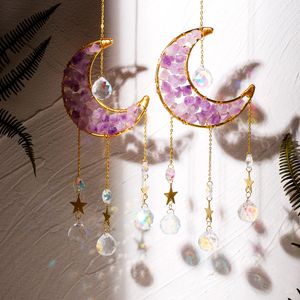 Garden Decorations Moon Sun Catcher Crystal Light Amethyst Suncatcher Fairy Rainbow Glass Wind Chime Hanging Prism 230422