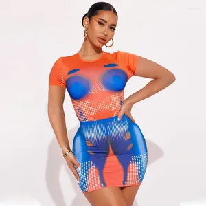 Röcke Damen Sommer 3D Body Print Sexy Spicy Girl Kurzarm Body Slim Fit Halbrock Set Nachtclub Festival Outfits Kleidung