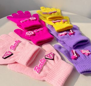 Kids Dopamine Colorful Barbie gloves children cartoon letter applique finger glovers winter boys girls knitted warm mittens Z5307