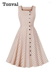Casual Dresses Tonval Square Neck 40s 50s Pinup Vintage Fashion Summer Dress Sleeveless Women 2024 Single Breasted Polka Dot A-Line