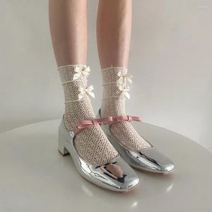 Meias femininas estilo japonês meninas longo verão oco malha respirável renda plissado jk lolita kawaii bowknot bonito