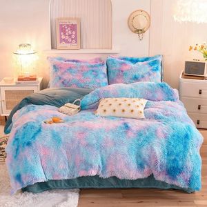 Bedding sets Gradient Colorful Soft Coral Fleece Warm Bedding Set Princess Fluffy Velvet Quilt Duvet Cover Flat/Fitted Bed Sheet Pillowcases 231122