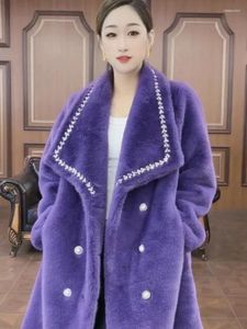 Women's Fur Fashion Big Lapel Long Sleeve Faux Coat Female 2023 Winter Mink Warm Solid Color Rhinestone Beaded Thickened