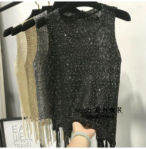 Women's Tanks Summer Sleeveless Sweater Vest Hollowed Out Sequin Gold Thread Perspective Tassel Pullover Loose Top
