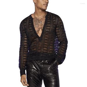 Men's T Shirts 2024 Man Casual Pullover Tops Sexy Deep V Neck Lace T-Shirts Spring Autumn Men Long Sleeve See-Through Mesh Stretch