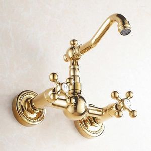 Küchenarmaturen Luxus Goldfarbe Messing Wandmontierter Schwenkauslauf Badezimmer Badewanne Wasserhahn Kaltmischbatterien Zwei Kreuzgriffe Agf019