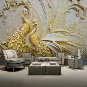 tapet för väggar 3 d för vardagsrum 3D präglade gyllene påfågel bakgrund väggmålning268e