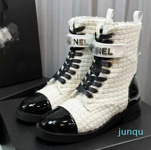 Quilted Lace Up Interlocking C Booties Designer Ankle Boot Beige Black White Tan Mary Jane Brands Platform