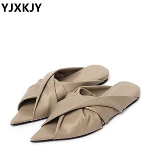 Slippers YJXKJ Natural Sheepskin Pointed Toe Women Genuine Leather Sandals Flat Heel Slides Ladies Casual Summer Fold Lazy Shoes 230421