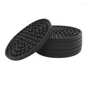 Bord Mats Black Round Silicone Rubber Drink Wasters (uppsättning av 6) Icke-halkfritt för hemstänger