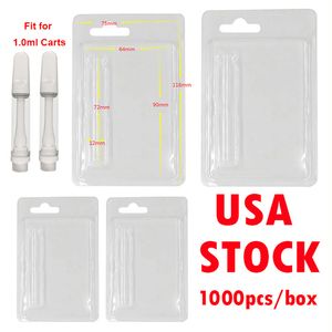 EUA Estoque Vape Cartuchos Embalagem Blister Pack Casos 1ml 0.8ml Clear PVC Hanger 510 Thread Atomizadores Pacote Plástico ClamShell Case E Cigarros 1000pcs Uma Caixa