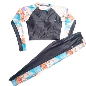 Cor esporte t camisas leggings conjunto para mulheres manga longa magro toga topo de cintura alta calças apertadas carta impressão jogging outfit fitness