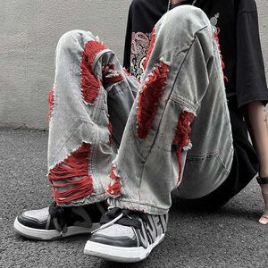 Męskie spodnie High Streetwear Męskie dżinsy Zagrypowane luźne mody dżinsowe hip hop harajuku spodnie G230422