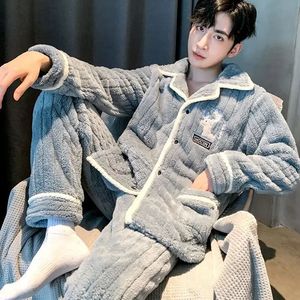 Mens Sleepwear Pajama Man Autumn Winter Warm Pajamas Set Coral Velvet Fleece Hooded Single Breasted Soft Nightwear Home Clothes 231122