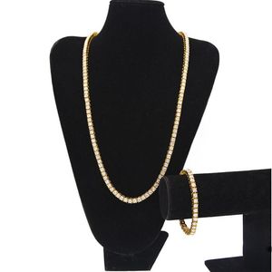 Biżuteria hip -hopowe zestawy biżuterii mrożone łańcuchy 1 rzędu męskie bling bling biały czarny dhinestone tenis długie naszyjniki bransoletka Bransoleta dla 270H