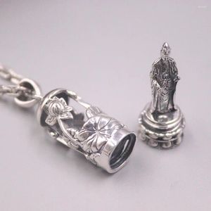 Chains Real 925 Sterling Silver Blessing Lotus Tube With Kwan-yin Statue Pendant S925