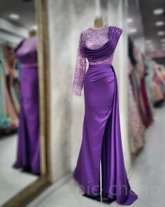 Purple Mermaid Prom Dresses One Shoulder paljetter Applique Satin Side Slit Custom Made Long Sleeves Evening Gown Formal OCN Wear Vestidos Plus Size 403 403