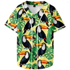 Men's T Shirts Parrot Print Plant Flower Graphic Baseball Jersey Shirt V-Neck Short Sleeve T-shirt Women Men Fashion Top Funny Clothes