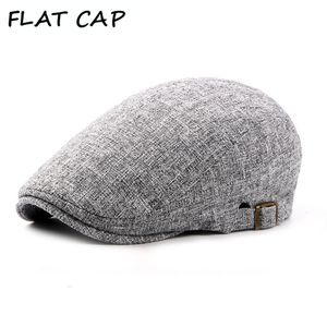 Berets FLAT CAP Mens Linen Flat Caps Adjustable Vintage Spring Summer Beret Hat Male Casual Gatsby Style Gifts British Duckbill Hats 230421