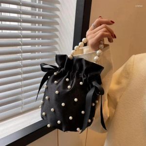 Брендовая женская сумка через плечо высокого качества, роскошная женская сумка с черным жемчугом и бусинами, искусственный шелк, женская сумка через плечо