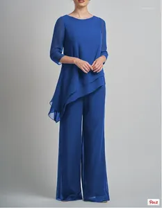 Pantaloni due pezzi da donna Chiffon Abiti per la madre dello sposo Blu Eleganti tailleur pantalone 2 pezzi Abito da sera per ospiti da cerimonia per la sposa