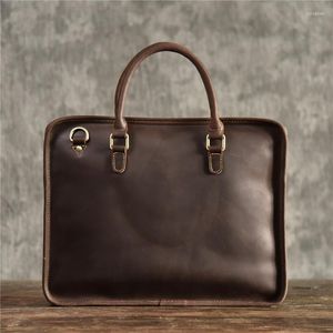 Briefcases Simple Vintage Natural Genuine Leather Men Women Briefcase Handbag Business Laptop Shoulder Messenger Bag