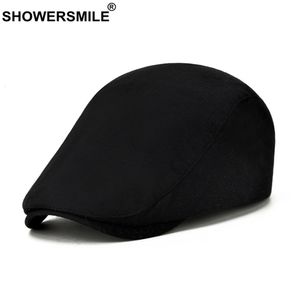 Baskenmützen SHOWERSMILE Solid Black Frühling Sommer Schiebermütze für Herren Baumwolle Britischer Stil Lässige Baskenmütze Retro Verstellbare Herren Ivy Hats 230421