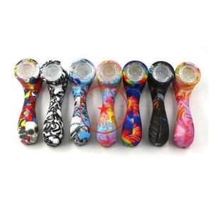 Mais recente padrão colorido tubos de mão de silicone 7 estilo forma filtro de vidro nove buracos tela tigela portátil erva tabaco cigarro titular fumar bolso handpipes