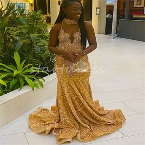 Shine Golden Diamond Prom Dress for Black Girls Luxury Mermaid Sequin African Women Evening Gowns Formell födelsedagsfestklänning 2024 Vestios de Gala Ogstuff