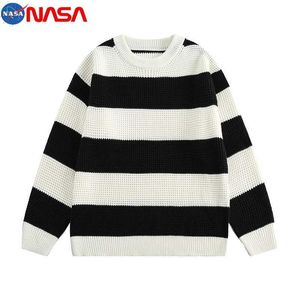 NASA Co märke svartvit randig tröja för höst- och vintermode -varumärke rund hals underlag mäns vinter stickad kappa