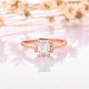 Cluster Rings RandH 14K Solid Gold 1.0 7 5mm Emerald Cut Art Deco Moissanite Delicate For Women Wedding Engagement Women's RingsCluster