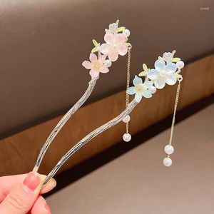 Grampos de cabelo vintage flor de pêssego hairsticks para mulheres estilo chinês pérola borla garfo disco hairstick pauzinhos grampos de cabelo jóias