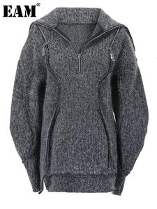 Maglioni da donna EAM Grigio con spalle scoperte Maglione lavorato a maglia di grandi dimensioni dolcevita a maniche lunghe Pullover da donna Moda Autunno Inverno 2023 1DE473402 231122