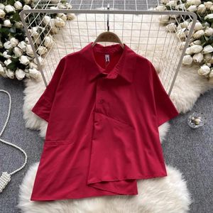 Women's Blouses French Chic Blouse For Women Short Sleeve Turn-down Collar Lapel Single Irregular Loose Shirts Autumn Casual Tops Drop