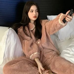 Women's Sleepwear 2 Pieces /Sets Winter Pajamas Warm Flannel Coral Long Sleeve Sleepwear Suit Korean Kawaii Velvet For Women'S Home Heating Set 231122