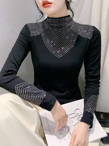 Женские футболки S-3XL, осенний хлопковый черный топ, женская футболка с высоким воротом и длинными рукавами, узкие эластичные трендовые футболки