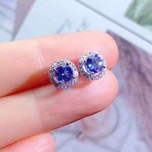 Classic Silver Stud Earrings for Woman 5mm Total 1ct Natural Tanzanite Earrings Solid Silver Tanznaite Jewelry with Gold Plating